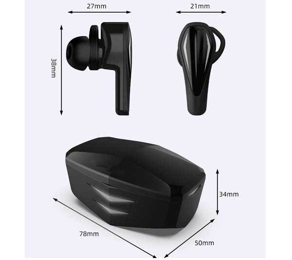 Wireless TWS Gaming Earbuds izmērs wellyp